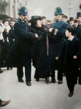 London - arrest of a suffragette, between c1910 and c1915. (Colorised black and white print).