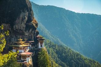 The most sacred place in Bhutan is located on the high cliff mountain with sky of Paro valley, Bhutan