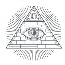 Mystical occult sign with freemasonry eye symbol vector illustration. Freemasonry mystic sign, pyramid with eye