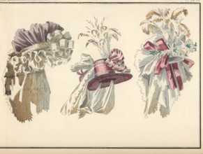 Fashionable hats of 1788. Demi-bonnet in violet gauze with white frills, hat in pink taffeta with ribbons, gauze and feathers, and a pouf in Italian gauze with ribbons and plumes. Handcoloured lithogr...