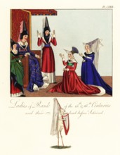 Ladies of rank of the 15th and 16th centuries and their headdresses satirized. Queen on throne with ladies in waiting, from the Romance of Jean de Saintre, Cotton Nero D IX f.2, kneeling women from Je...