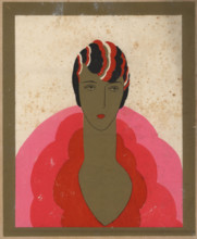 Woman in cloche hat and pink dress in gold frame, 1926.