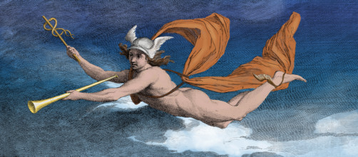Hermes or Mercury with the caduceus and Roman tuba (or similar). Engraving by James Barry, 1791. Hermes is an ancient Greek god, son of Zeus and the Pleiad Maia. He is known as the messenger of the go...