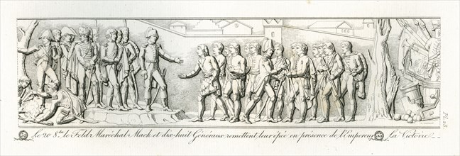 Colonne Vendôme : Le 20 octobre 1805, le feld-maréchal Mack et 18 généraux remettent leur épée en présence de l'empereur Napoléon 1er.